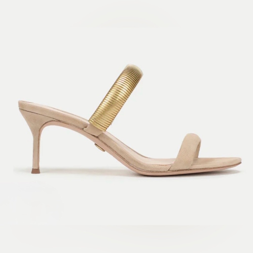 Veronica Beard Tobin Gold Band Suede &  Leather Sandal Mule Pump Heel 7.5 Beige